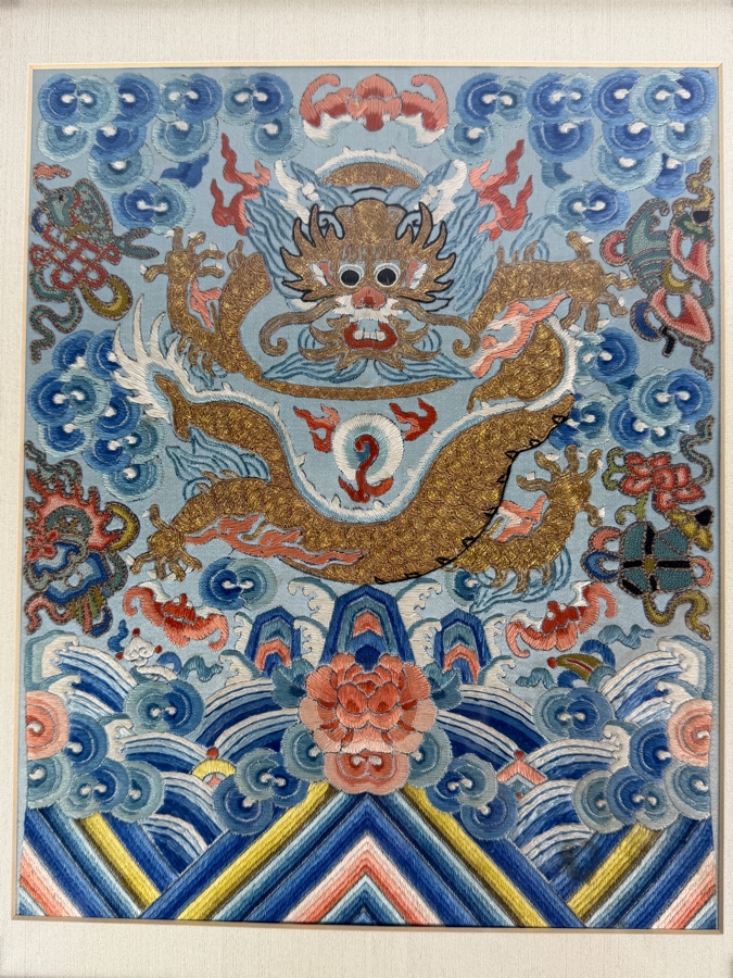 Antique Chinese Qing Dynasty Gilt Thread Imperial High-Ranking Official Five-Clawed Dragon Silk Embroidery Silk Dragon Robe Section Framed 8.5 X 10.75 Framed: 18 X 20 [Photo 4]