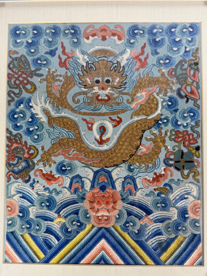 Antique Chinese Qing Dynasty Gilt Thread Imperial High-Ranking Official Five-Clawed Dragon Silk Embroidery Silk Dragon Robe Section Framed 8.5 X 10.75 Framed: 18 X 20 [Photo 5]