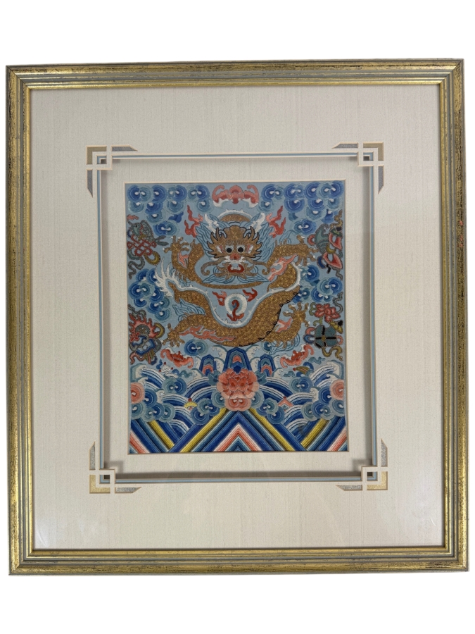 Antique Chinese Qing Dynasty Gilt Thread Imperial High-Ranking Official Five-Clawed Dragon Silk Embroidery Silk Dragon Robe Section Framed 8.5 X 10.75 Framed: 18 X 20 [Photo 2]
