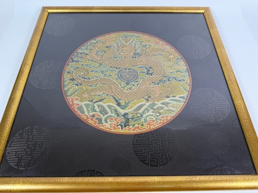 Antique Qing Dynasty Chinese Imperial High-Ranking Official Five Claw Front Facing Dragon Roundel with Chinese Character 12'W Framed 20' X 20' [Photo 10]