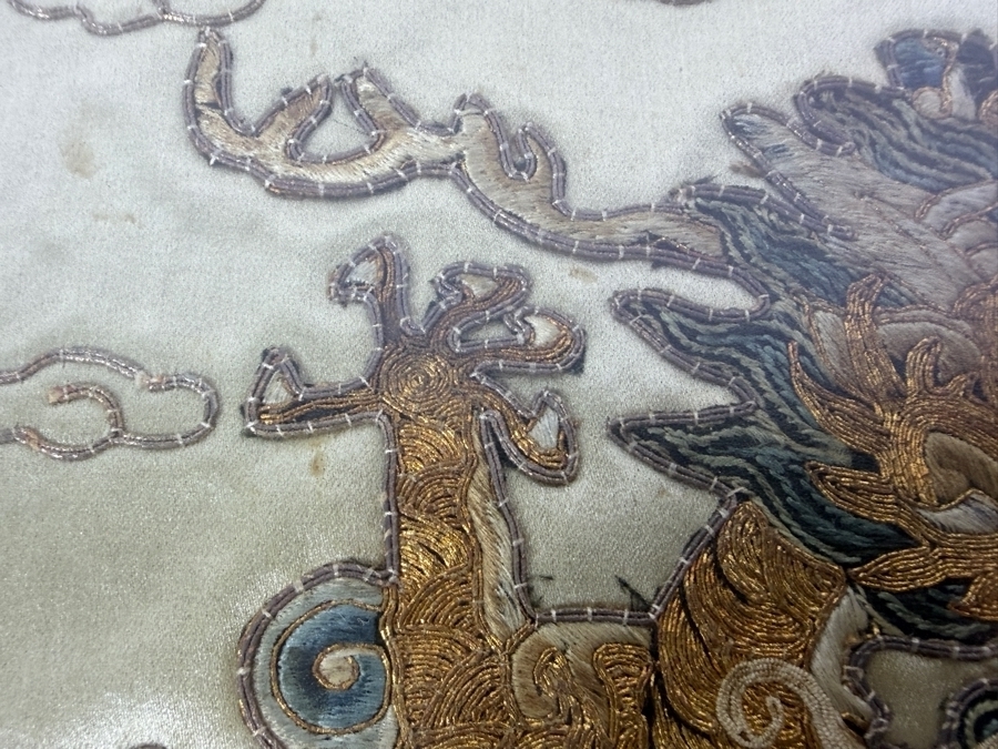 Vintage Chinese Imperial High-Ranking Official Five Claw Front Facing Dragon Embroidered Panel for a Robe 15'W X 20'H Framed 21' X 26' [Photo 7]