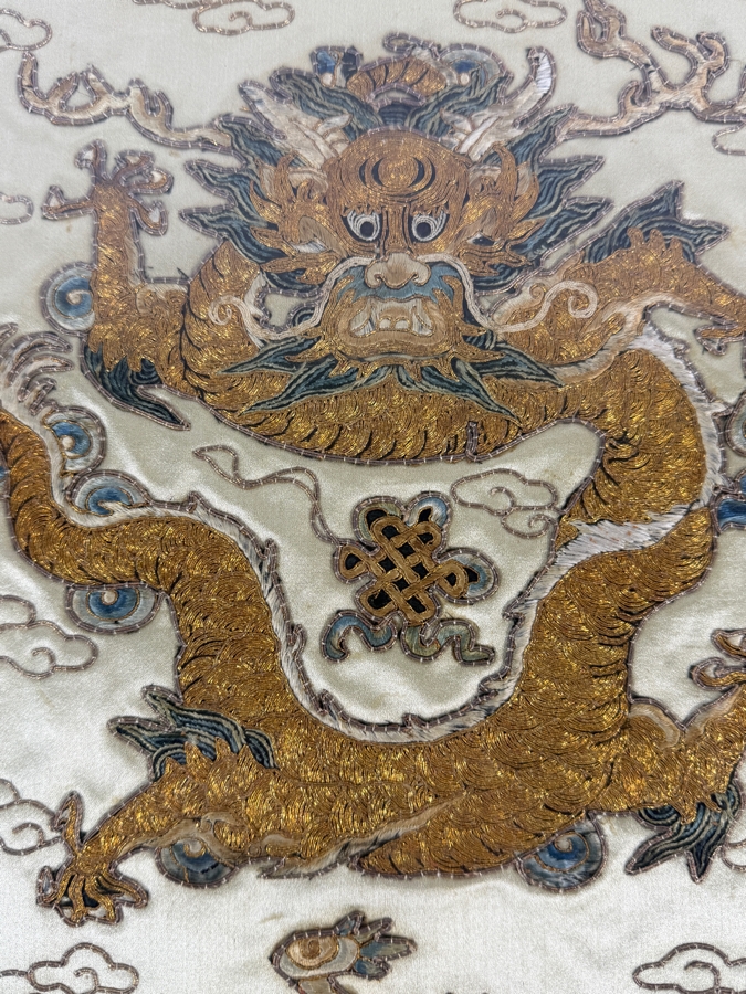 Vintage Chinese Imperial High-Ranking Official Five Claw Front Facing Dragon Embroidered Panel for a Robe 15'W X 20'H Framed 21' X 26' [Photo 6]