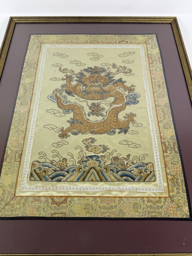 Vintage Chinese Imperial High-Ranking Official Five Claw Front Facing Dragon Embroidered Panel for a Robe 15'W X 20'H Framed 21' X 26' [Photo 11]