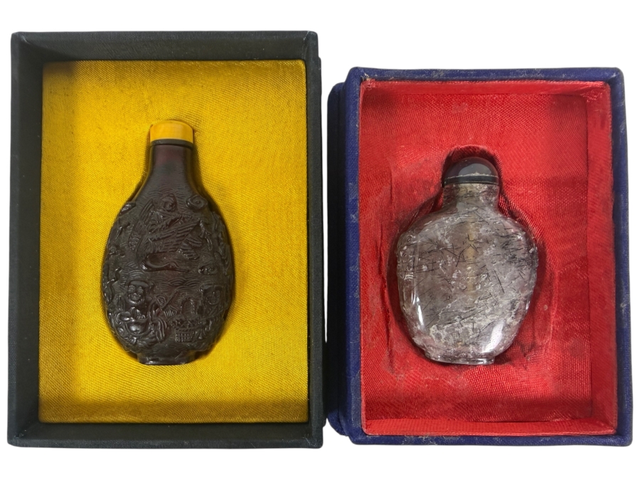 Two Boxed Chinese Snuff Bottles Including A Rutilated Hair Quartz Bottle