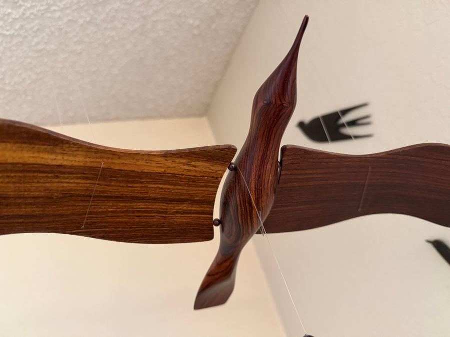 Vintage Mid-Century Modern Hanging Teak Wood Kinetic Seagull Mobile Accompanied By Four Carved Stylized Bird Swallow Silhouette Wall Plaques [Photo 2]