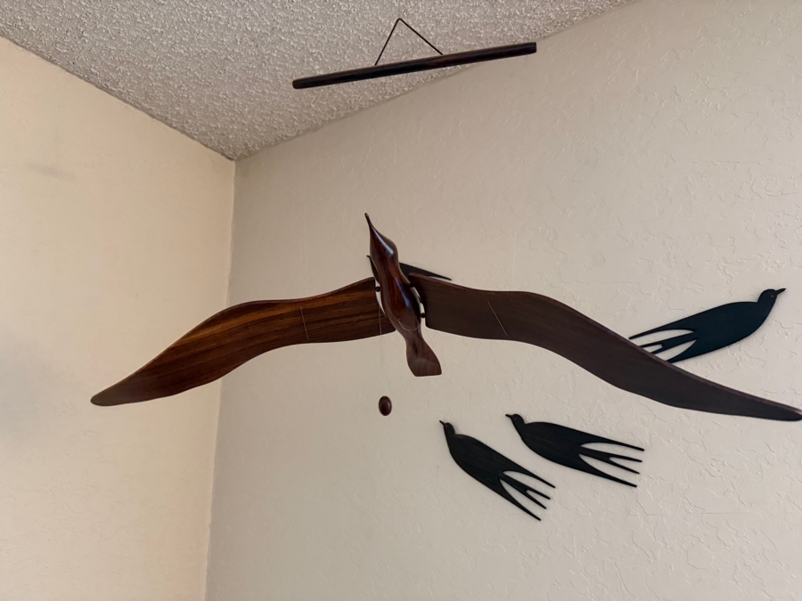 Vintage Mid-Century Modern Hanging Teak Wood Kinetic Seagull Mobile Accompanied By Four Carved Stylized Bird Swallow Silhouette Wall Plaques [Photo 9]