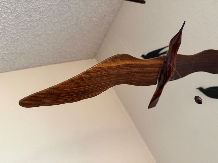 Vintage Mid-Century Modern Hanging Teak Wood Kinetic Seagull Mobile Accompanied By Four Carved Stylized Bird Swallow Silhouette Wall Plaques [Photo 3]