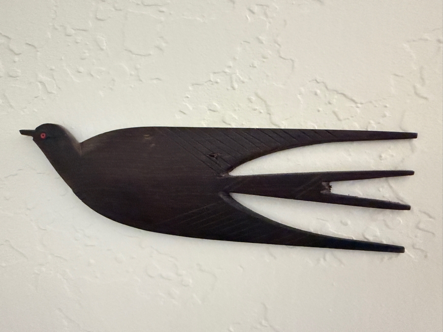 Vintage Mid-Century Modern Hanging Teak Wood Kinetic Seagull Mobile Accompanied By Four Carved Stylized Bird Swallow Silhouette Wall Plaques [Photo 5]