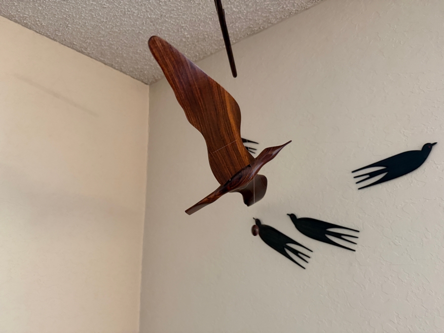 Vintage Mid-Century Modern Hanging Teak Wood Kinetic Seagull Mobile Accompanied By Four Carved Stylized Bird Swallow Silhouette Wall Plaques [Photo 10]