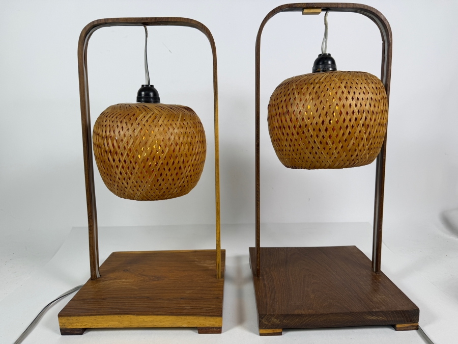Pair of Vintage Mid-Century Modern Woven Bamboo Shade Table Lamps 17'H [Photo 2]
