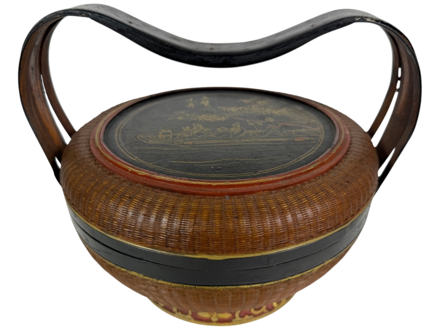 Antique Chinese Wicker Wedding Basket Featuring a Hand-painted Lid 9'H