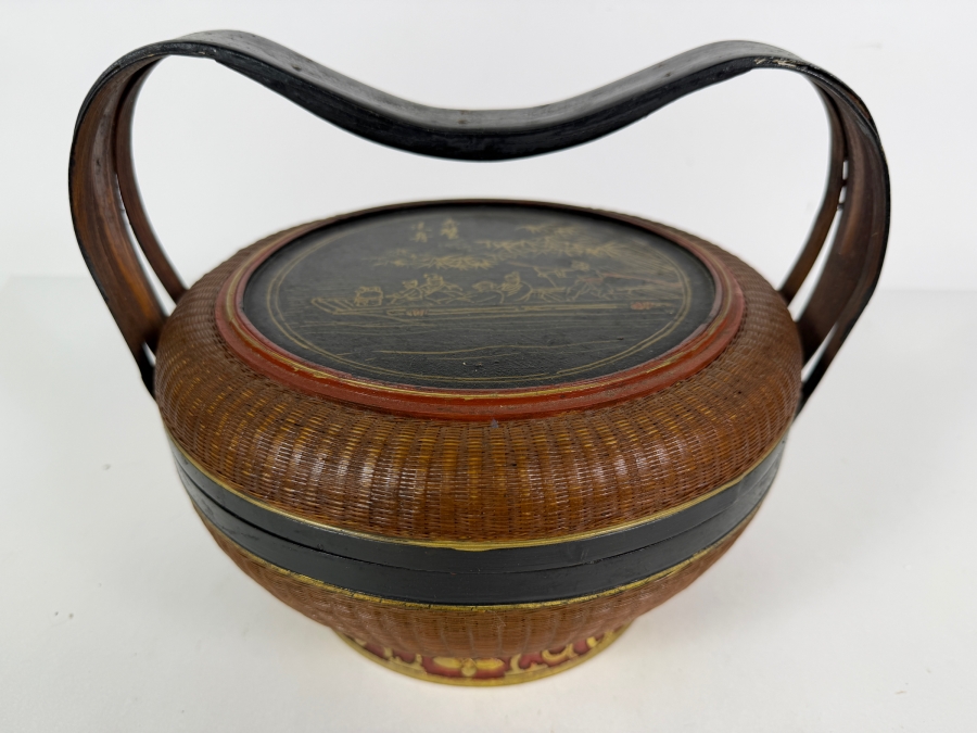 Antique Chinese Wicker Wedding Basket Featuring a Hand-painted Lid 9'H [Photo 2]