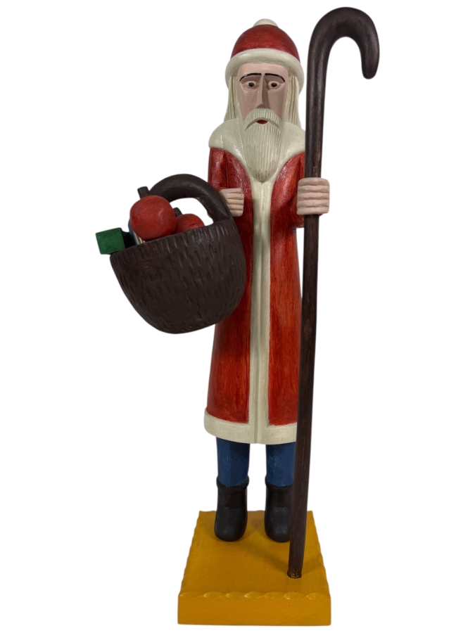 Hand-painted Wooden Folk Art Santa Claus Figurine by Zenon Miczolek from Paszyn, Poland 19'H