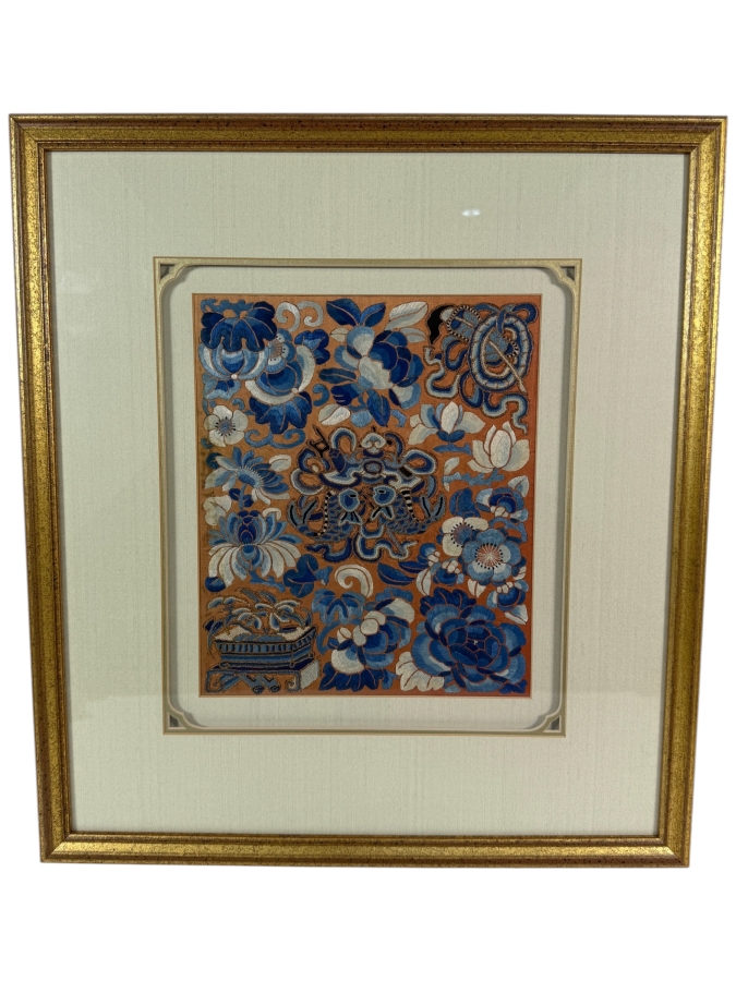Antique Chinese Red Silk Skirt Panel Embroidery with Blue Silk Stitching, Taoist Symbolism in Fine Peking Knots 9 X 11 Framed 18 X 20 [Photo 2]