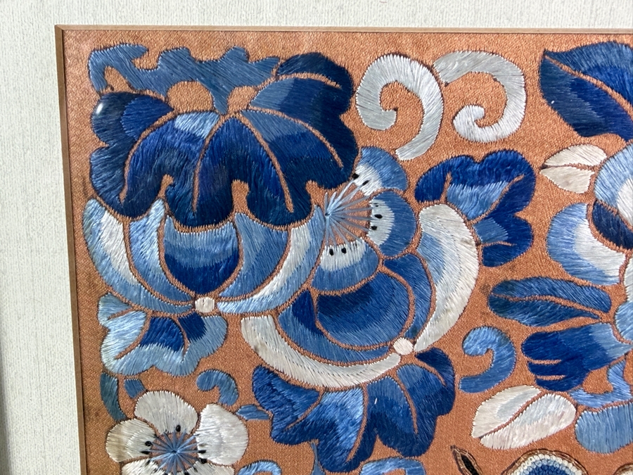 Antique Chinese Red Silk Skirt Panel Embroidery with Blue Silk Stitching, Taoist Symbolism in Fine Peking Knots 9 X 11 Framed 18 X 20 [Photo 6]