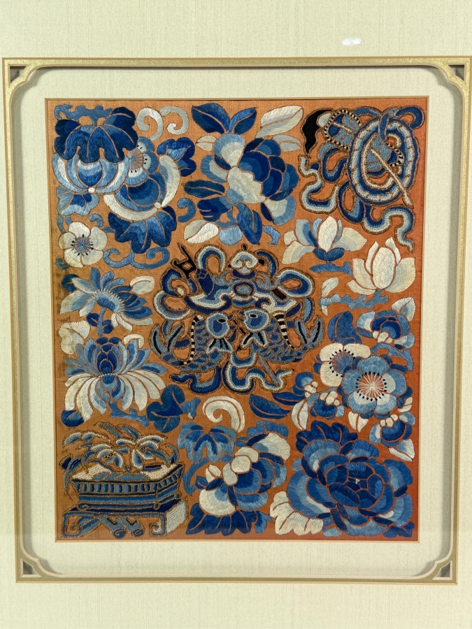 Antique Chinese Red Silk Skirt Panel Embroidery with Blue Silk Stitching, Taoist Symbolism in Fine Peking Knots 9 X 11 Framed 18 X 20