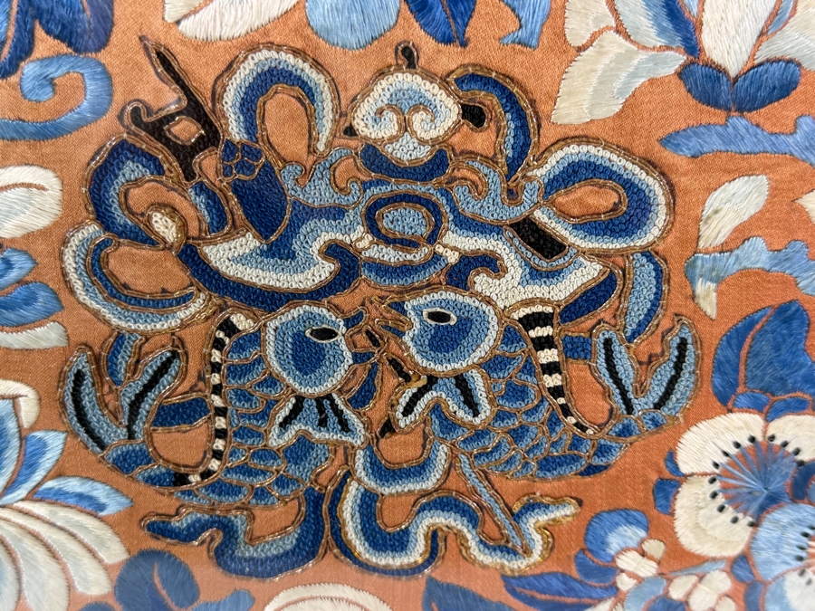 Antique Chinese Red Silk Skirt Panel Embroidery with Blue Silk Stitching, Taoist Symbolism in Fine Peking Knots 9 X 11 Framed 18 X 20 [Photo 4]