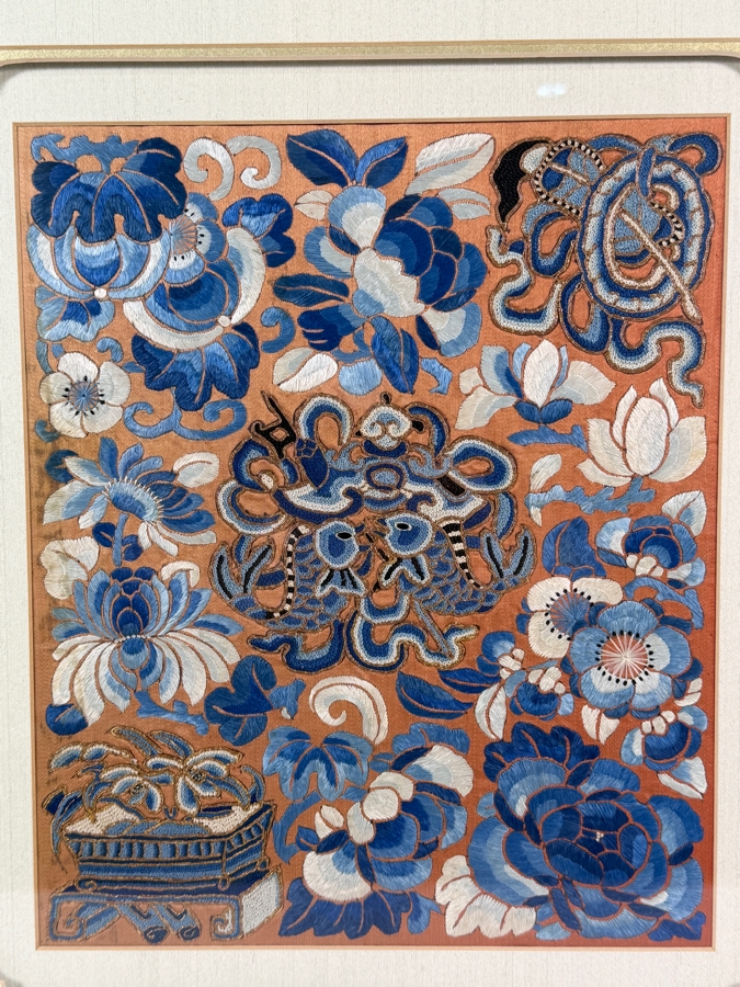 Antique Chinese Red Silk Skirt Panel Embroidery with Blue Silk Stitching, Taoist Symbolism in Fine Peking Knots 9 X 11 Framed 18 X 20 [Photo 3]