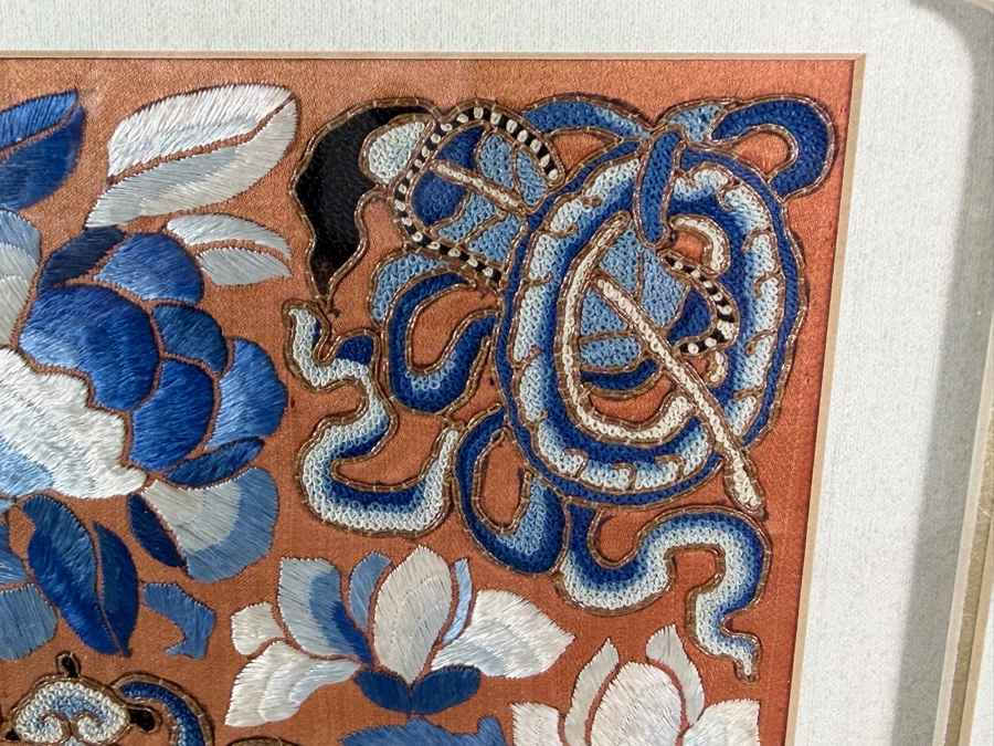 Antique Chinese Red Silk Skirt Panel Embroidery with Blue Silk Stitching, Taoist Symbolism in Fine Peking Knots 9 X 11 Framed 18 X 20 [Photo 7]