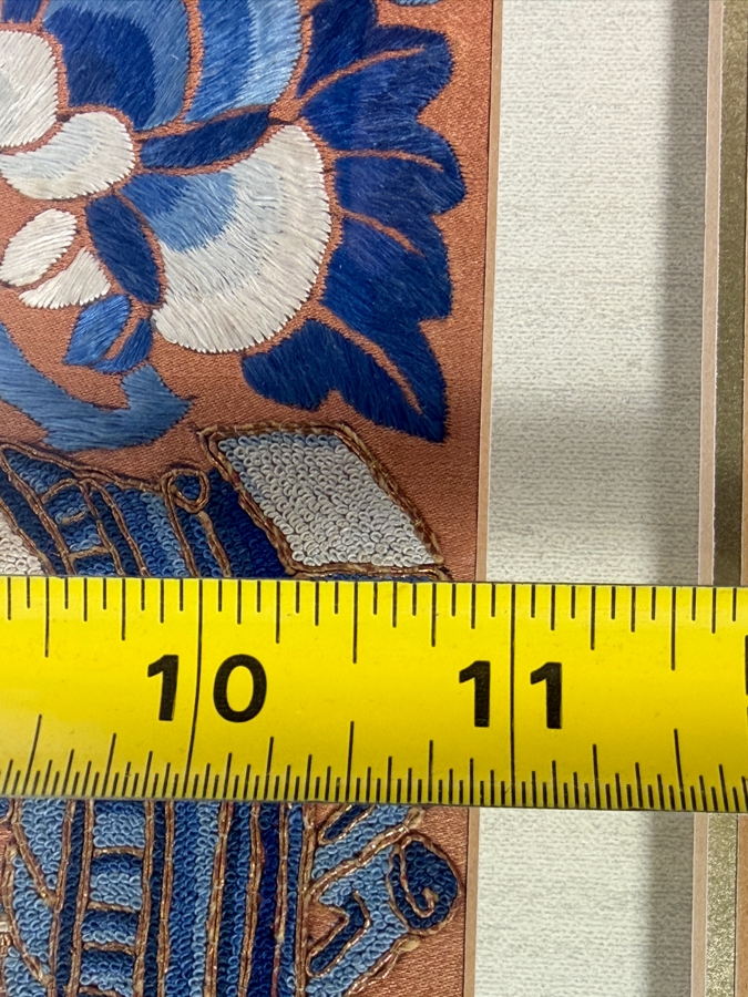 Antique Chinese Red Silk Skirt Panel Embroidery with Blue Silk Stitching, Taoist Symbolism in Fine Peking Knots 9 X 11 Framed 18 X 20 [Photo 10]