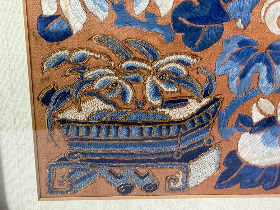 Antique Chinese Red Silk Skirt Panel Embroidery with Blue Silk Stitching, Taoist Symbolism in Fine Peking Knots 9 X 11 Framed 18 X 20 [Photo 5]