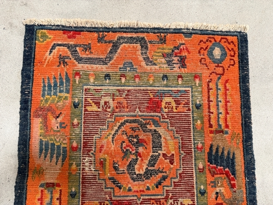 Antique Tibetan Handwoven Seat Mat Rug Featuring a Striking Orange Field with Dragon Motifs 22 X 26 [Photo 7]