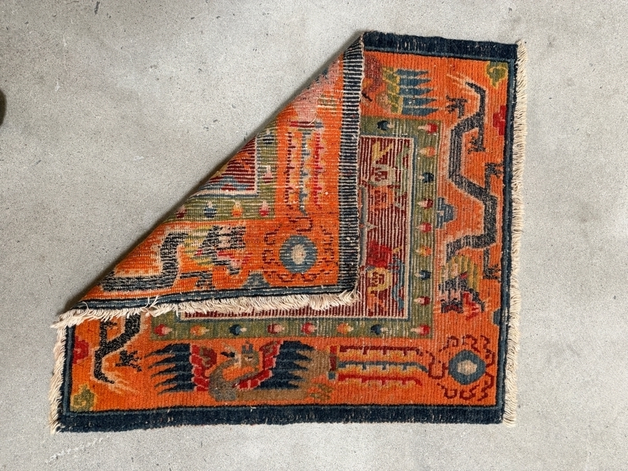 Antique Tibetan Handwoven Seat Mat Rug Featuring a Striking Orange Field with Dragon Motifs 22 X 26 [Photo 8]