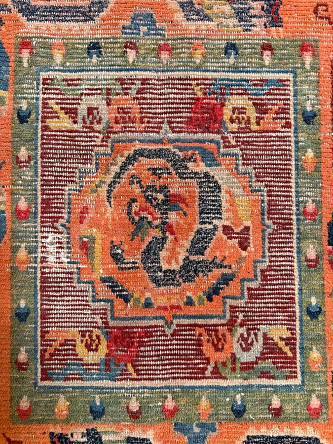 Antique Tibetan Handwoven Seat Mat Rug Featuring a Striking Orange Field with Dragon Motifs 22 X 26 [Photo 2]