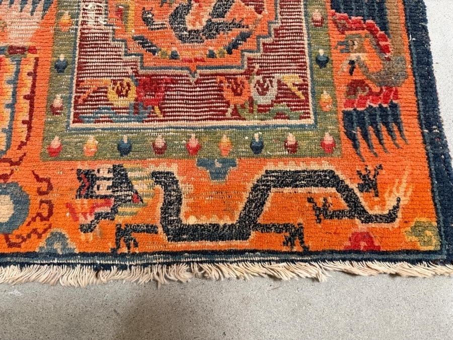 Antique Tibetan Handwoven Seat Mat Rug Featuring a Striking Orange Field with Dragon Motifs 22 X 26 [Photo 5]