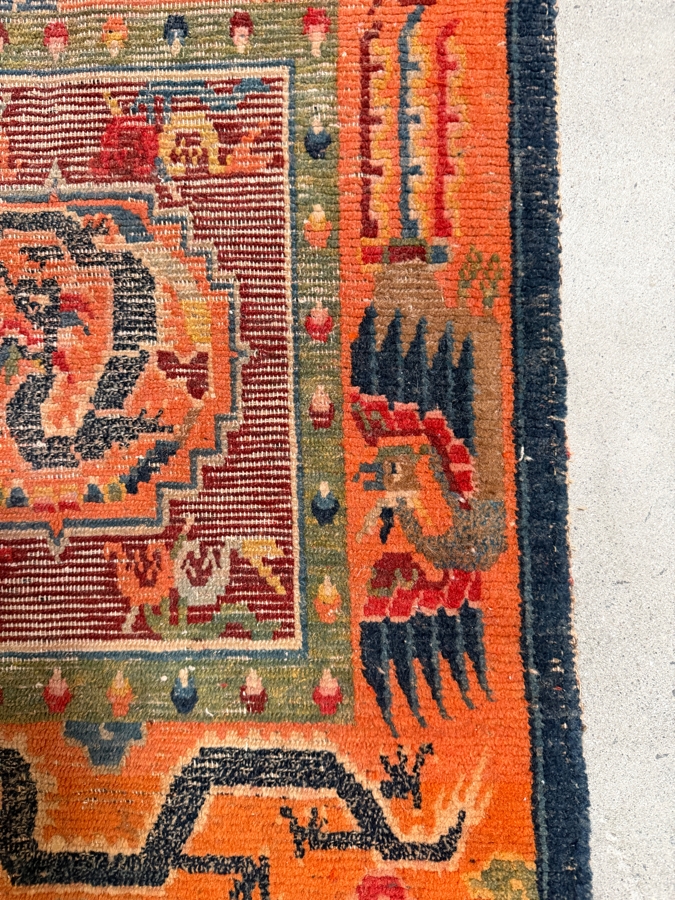 Antique Tibetan Handwoven Seat Mat Rug Featuring a Striking Orange Field with Dragon Motifs 22 X 26 [Photo 6]
