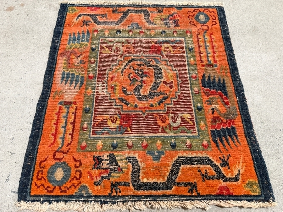 Antique Tibetan Handwoven Seat Mat Rug Featuring a Striking Orange Field with Dragon Motifs 22 X 26 [Photo 4]