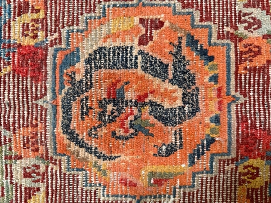 Antique Tibetan Handwoven Seat Mat Rug Featuring a Striking Orange Field with Dragon Motifs 22 X 26 [Photo 3]