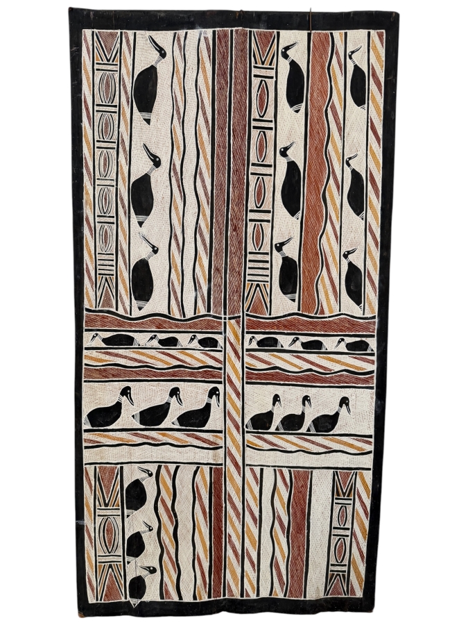 Large Vintage Australian Aboriginal Eucalyptus Bark Painting from Eastern Arnhem Land 26' X 50' with Provenance on Back