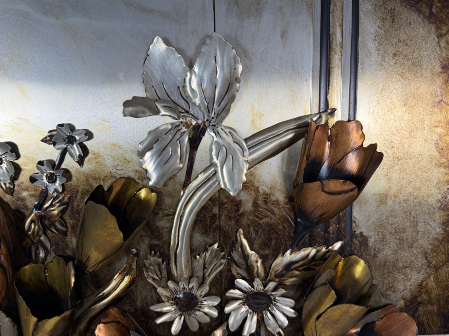 Vintage Mauro Rodriguez Mexican Repujado Original Three Dimensional Mixed Metal Flower Basket Wall Art Featuring Embossed Aluminum Copper And Brass 36 X 32 [Photo 5]