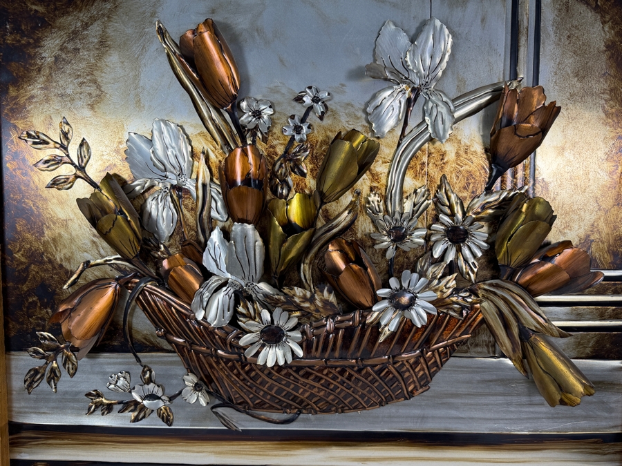Vintage Mauro Rodriguez Mexican Repujado Original Three Dimensional Mixed Metal Flower Basket Wall Art Featuring Embossed Aluminum Copper And Brass 36 X 32 [Photo 2]