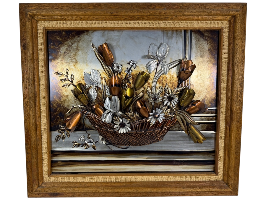 Vintage Mauro Rodriguez Mexican Repujado Original Three Dimensional Mixed Metal Flower Basket Wall Art Featuring Embossed Aluminum Copper And Brass 36 X 32
