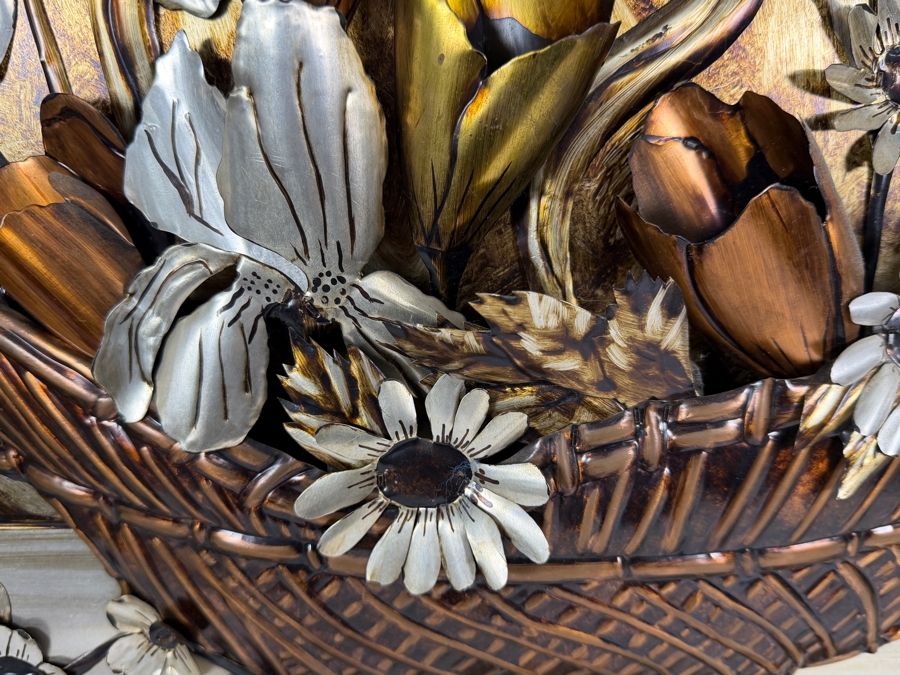 Vintage Mauro Rodriguez Mexican Repujado Original Three Dimensional Mixed Metal Flower Basket Wall Art Featuring Embossed Aluminum Copper And Brass 36 X 32 [Photo 3]