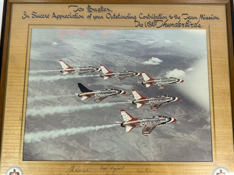Vintage United States Air Force Thunderbirds Autographed Flight Team Presentation Framed Photograph Featuring F-100 Super Sabre Fighter Jets In Aerial Formation Inscribed To Buster 19 X 14 Framed: 25 X 21 [Photo 2]