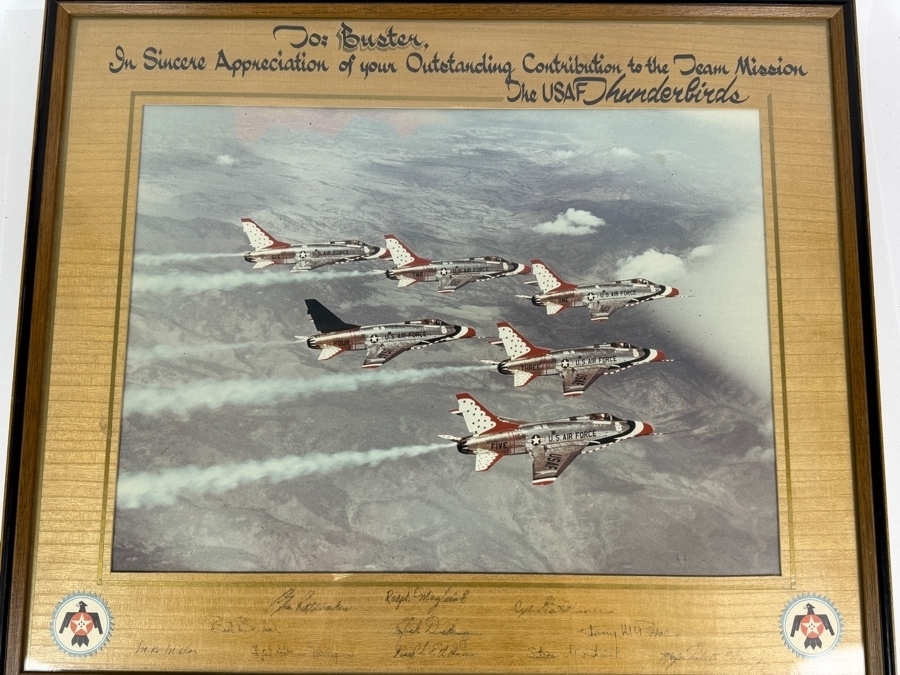 Vintage United States Air Force Thunderbirds Autographed Flight Team Presentation Framed Photograph Featuring F-100 Super Sabre Fighter Jets In Aerial Formation Inscribed To Buster 19 X 14 Framed: 25 X 21 [Photo 3]