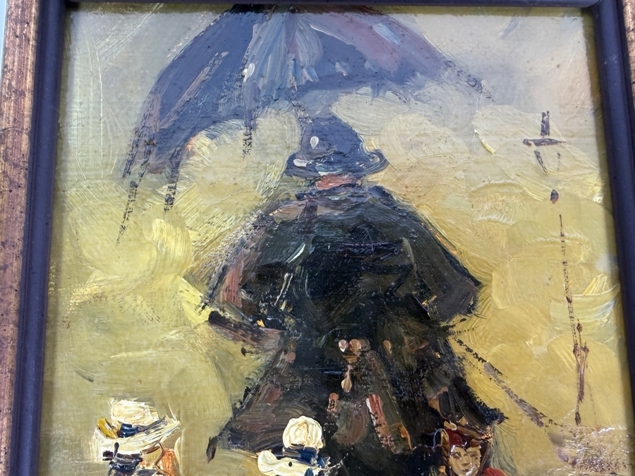 Professor Lutz Freese German Impressionist Rainy City Street Scene Oil On Board Painting Featuring Nanny And Children Under Umbrella Framed 8 X 10.5 [Photo 4]