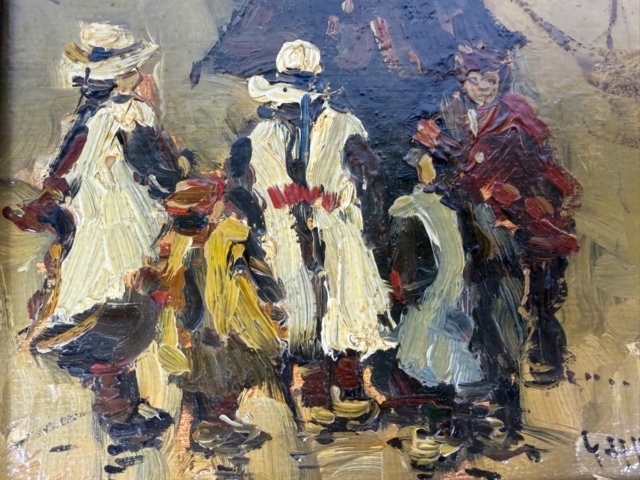 Professor Lutz Freese German Impressionist Rainy City Street Scene Oil On Board Painting Featuring Nanny And Children Under Umbrella Framed 8 X 10.5 [Photo 3]