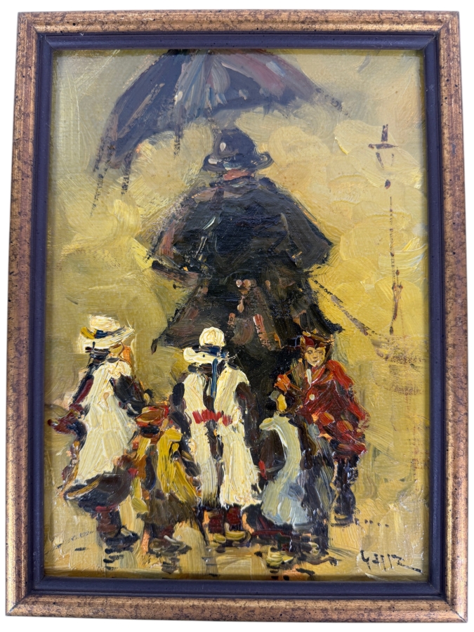 Professor Lutz Freese German Impressionist Rainy City Street Scene Oil On Board Painting Featuring Nanny And Children Under Umbrella Framed 8 X 10.5