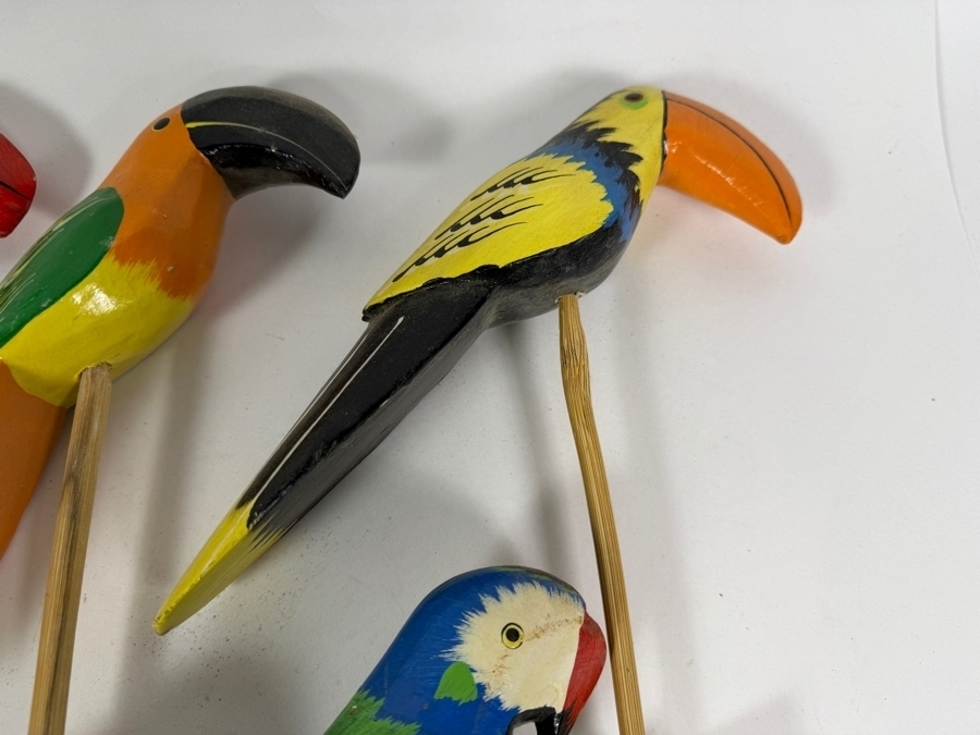 Collection Of Seven Vintage Hand Carved And Painted Wooden Tropical Bird Garden Stakes Featuring Parrots Macaws And Toucans Made In Philippines 27'L [Photo 5]