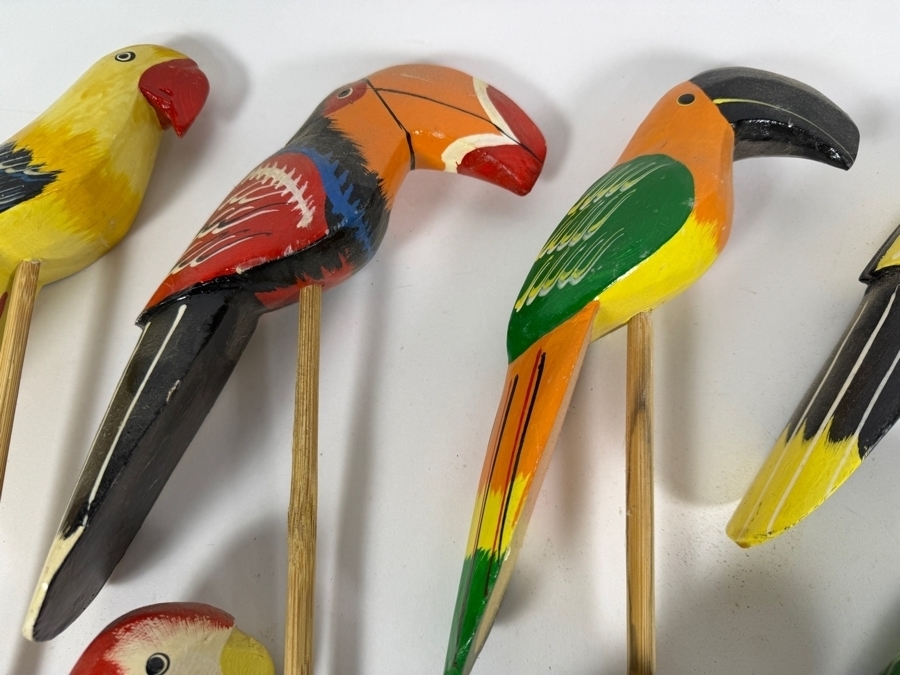 Collection Of Seven Vintage Hand Carved And Painted Wooden Tropical Bird Garden Stakes Featuring Parrots Macaws And Toucans Made In Philippines 27'L [Photo 6]