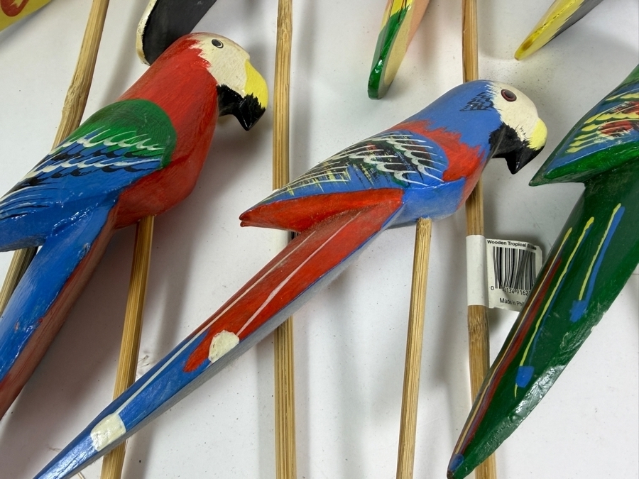 Collection Of Seven Vintage Hand Carved And Painted Wooden Tropical Bird Garden Stakes Featuring Parrots Macaws And Toucans Made In Philippines 27'L [Photo 2]
