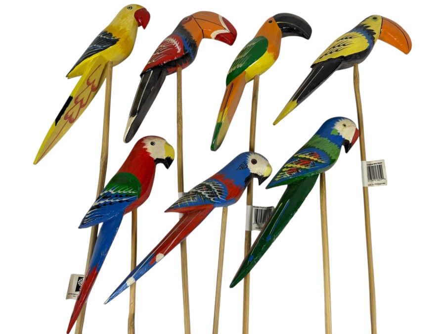Collection Of Seven Vintage Hand Carved And Painted Wooden Tropical Bird Garden Stakes Featuring Parrots Macaws And Toucans Made In Philippines 27'L