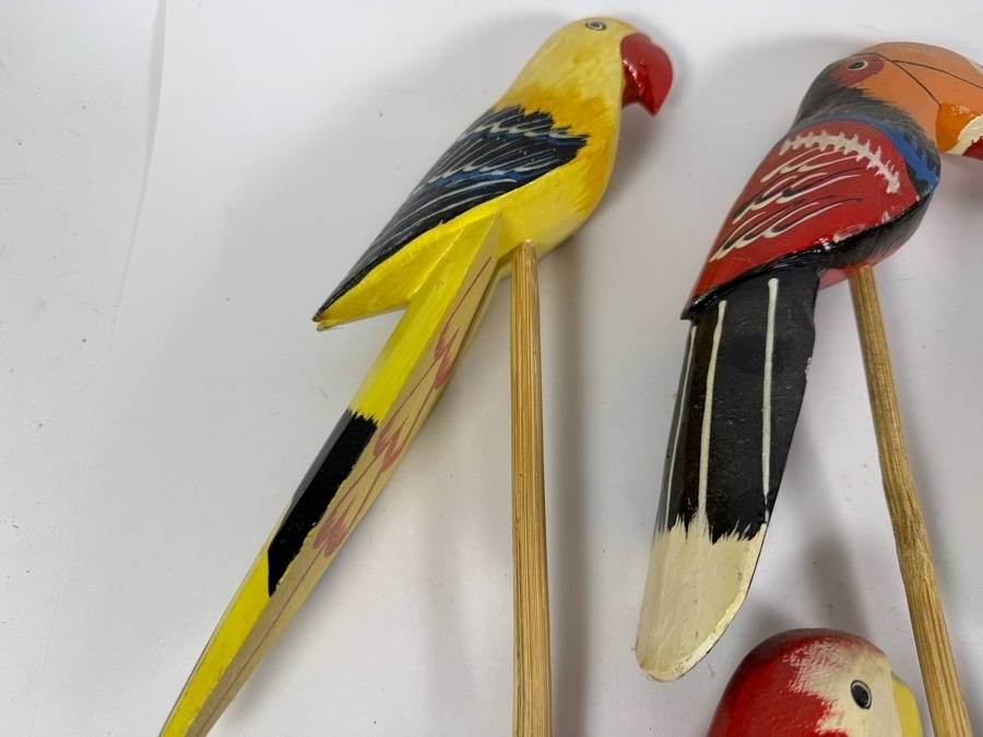 Collection Of Seven Vintage Hand Carved And Painted Wooden Tropical Bird Garden Stakes Featuring Parrots Macaws And Toucans Made In Philippines 27'L [Photo 7]