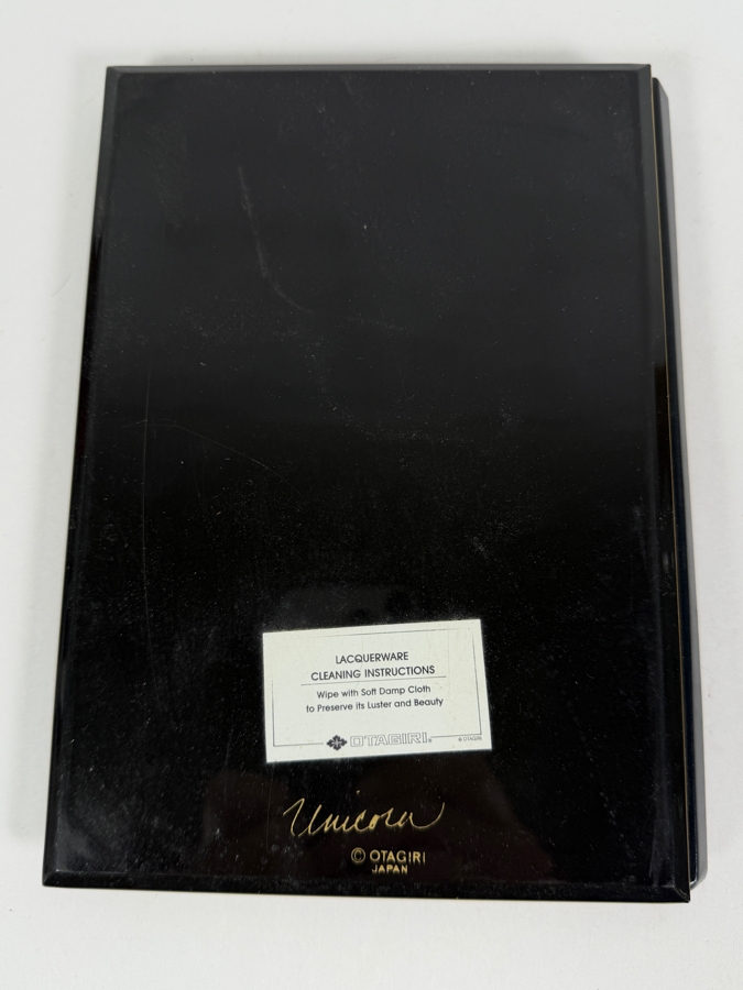 Vintage Otagiri Japan Black Lacquerware Folding Notepad Featuring Embossed Metallic Gold Unicorn In A Forest Fantasy Landscape 6.5 x 8.5 [Photo 3]