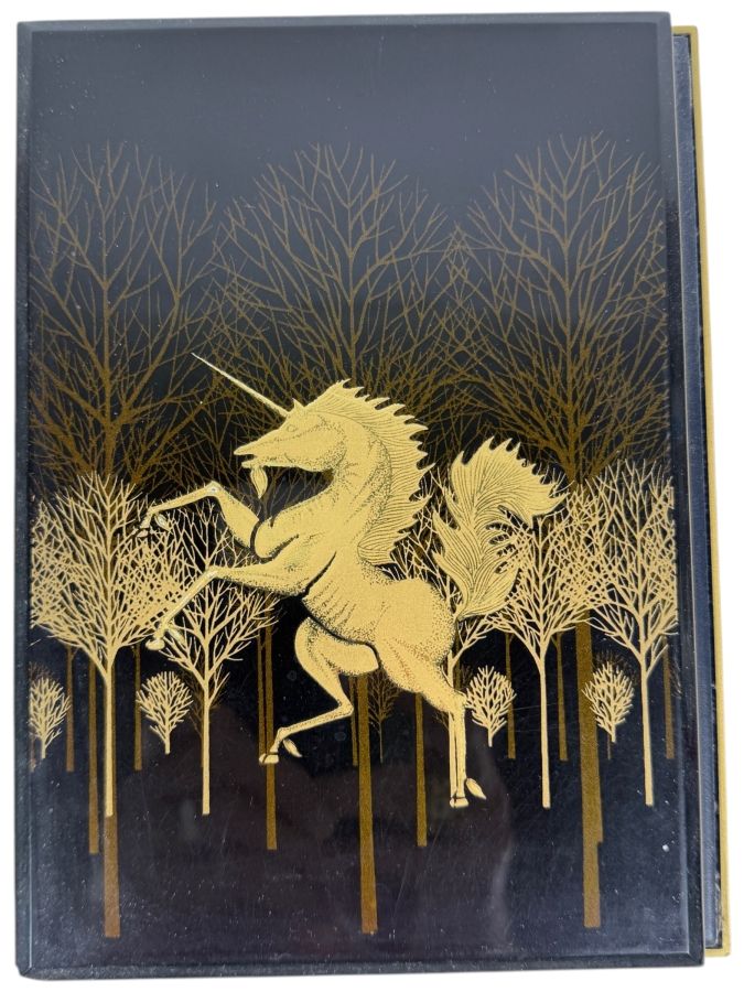 Vintage Otagiri Japan Black Lacquerware Folding Notepad Featuring Embossed Metallic Gold Unicorn In A Forest Fantasy Landscape 6.5 x 8.5
