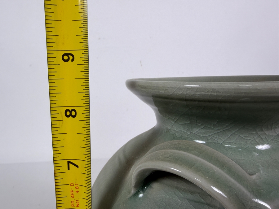 Vintage Japanese Nabeshima Celadon Green Crackle Glaze Double Handled Amphora Vase Featuring Impressed Shimazu Crest Circle Cross Maker Mark 8.5'H [Photo 6]